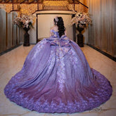 Off-Shoulder Purple Ball Gown 3D Floral Lace Beaded Sequins & Tiered Ruffles for Quinceanera Sweet 16 & Birthday Parties